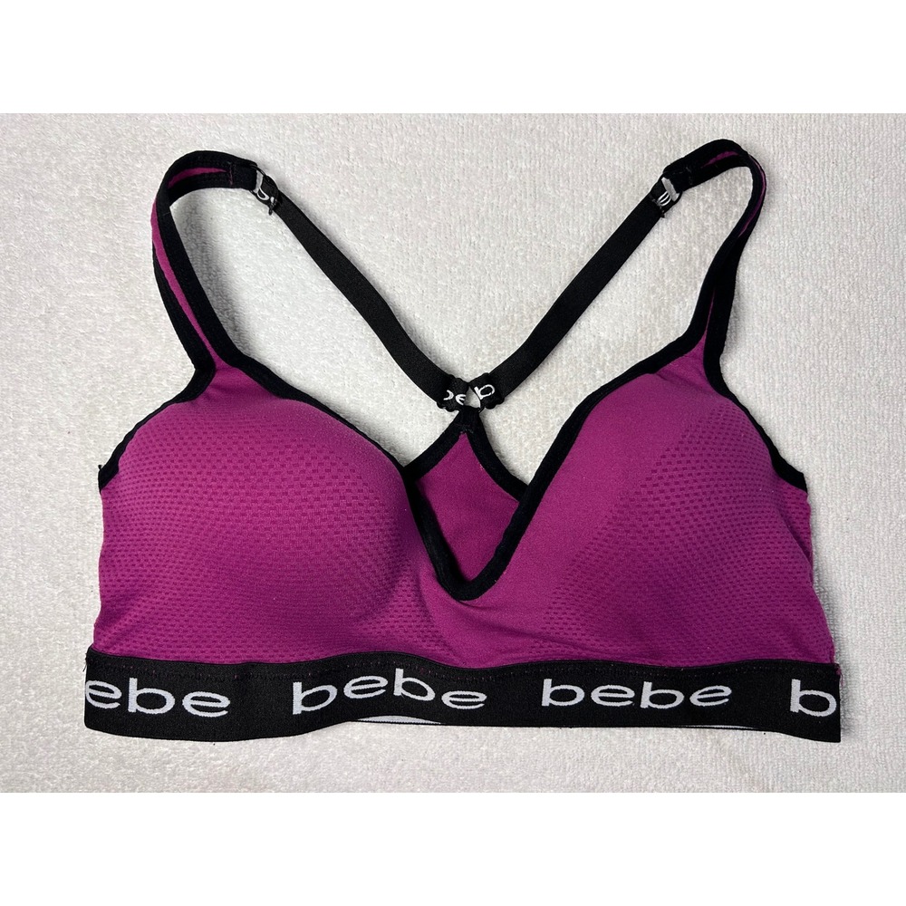 Bebe Sport Bra Magenta Purple Black Logo Band Padded Racerback Bralette 3X